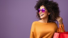 Cheerful Chubby Woman Enjoying Shopping Looking At Camera On Purple Color Background 