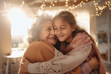 Wall Mural - Meeting of grandfather and grandchildren. An elderly man and his grandchildren are happy together. They hug and rejoice at meeting each other. Caring for the elderly. Children visit old people.