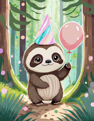 Wall Mural - Illustration of cute sloth holding a balloon in the forest