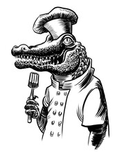 Alligator Chef Character. Hand-drawn Black And White Illustration