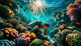 Fototapeta Fototapety do akwarium - A turtle swims through tropical waters surrounded beautiful colorful coral reef filled with vibrant marine life.