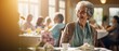 Elderly woman enjoying brunch at sunlit restaurant. Senior social life.