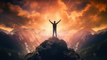Man Standing On Top Of Mountain With Raised Hands. Success Concept.
Man Rise Arm With Sunrise