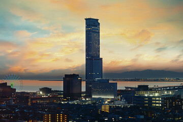 Poster - Osaka, Japan - April 9 2023: View from the top of Osaka city with buildings and skyscraper.