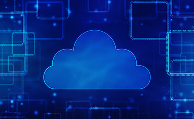 Poster - 2d illustration of Cloud computing, Digital Cloud computing Concept background. Cyber technology, internet data storage, database and data server concept