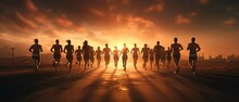Several Athletes Jogging For Heart Health Or Training For A Marathon, Running On An Asphalt Street With The Sunset Behind Them.. Create Using A Generative AI Tool 