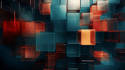 Sticker - Abstract dark background with glowing red and blue cubes. 3D rendering. Generative AI