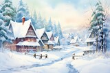 Fototapeta Do pokoju - Winter village watercolor painting illustration made by generative ai