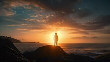 Man The Seashore Looking At The Horizon At Sunset. Created With Generative AI.	
