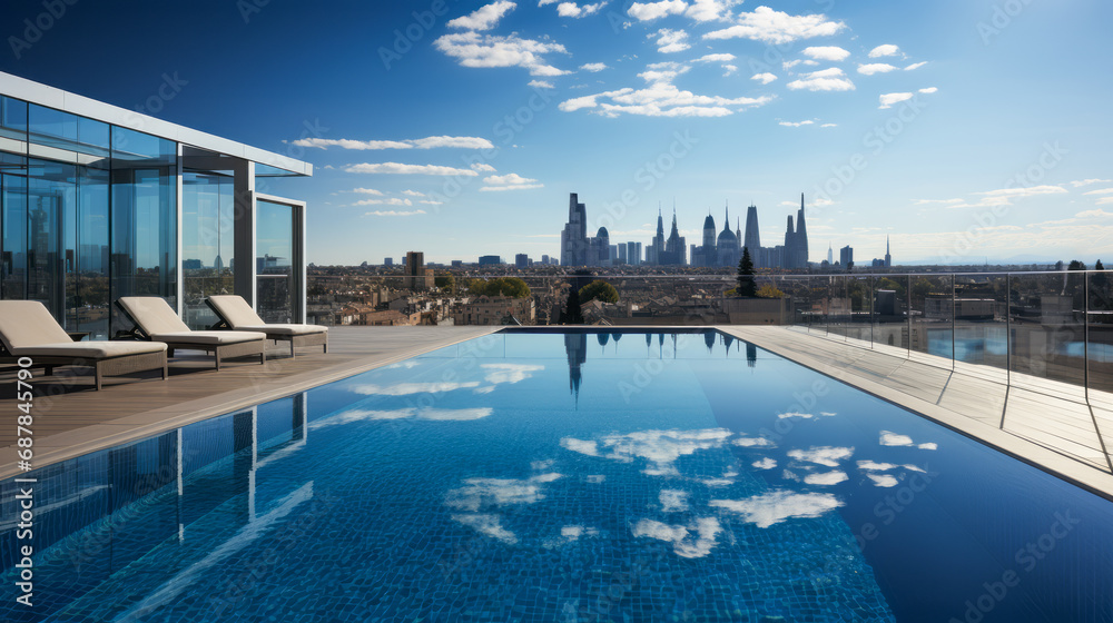 Modern infinity pool on a high-rise building against a city backdrop ...