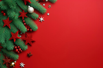 Christmas banner with green spruce branches and red blank space for text. Top view. Generative Ai illustration.