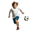 Boy playing football happily on PNG transparent background
