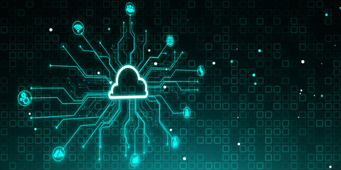 Poster - Creative digital circuit cloud on green background. Data storage, server and technology concept. 3D Rendering.