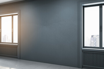 Poster - Contemporary gallery interior with empty mock up place on wall, concrete flooring and windows. 3D Rendering.