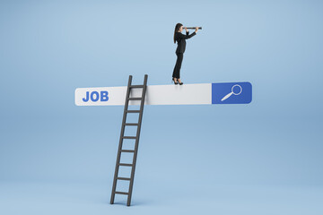 Poster - Businesswoman on JOB search bar with a telescope, career advancement concept
