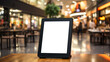 Tablet-style menu template board on restaurant table with festive lights. Food service technology concept. Generative AI