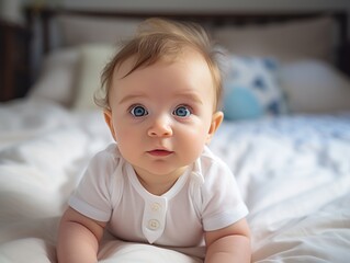 Poster - a small baby baby lies on a light blanket on the tummy