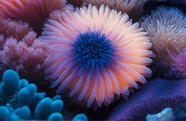 Anemone actinia texture underwater reef sea coral. Created with Generative Ai technology.