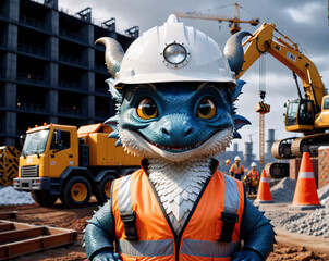 Poster - blue dragon in a hard hat and protective vest against the background of a construction site. AI Generated