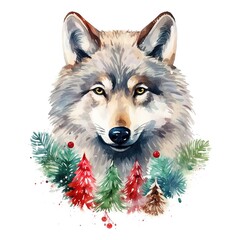  Generative AI, cute wild wolf animal, Christmas hat and ugly sweaters, watercolor style.