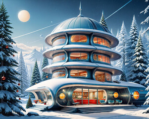 Poster - building in retrofuturism style, winter landscape outside the window. AI Generated