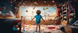 Fototapeta  - a child toddler wreaks havoc in messy room. Young boy making a huge mess in a kids room.