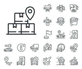 Poster - Package location sign. Plane, supply chain and place location outline icons. Delivery service line icon. Tracking parcel symbol. Delivery service line sign. Taxi transport, rent a bike icon. Vector