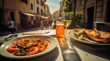 A table with two plates of food and a glass of wine