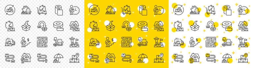 Poster - Furniture move, rent space and adhesive tape set. Moving service line icons. Package delivery, relocation service and carrying man line icons. Move parcel, delivery truck and maze labyrinth. Vector