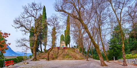 Canvas Print - Panorama of Parco San Michele with chapel on the hill, Castagnola, Lugano, Switzerland