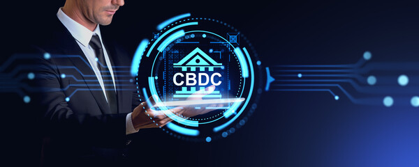 Poster - Businessman with tablet, CBDC hologram with bank. Ai generative illustration