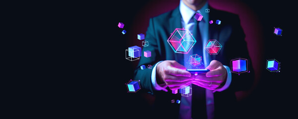 Poster - Businessman using phone, data blocks in cyberspace. Ai generative illustration