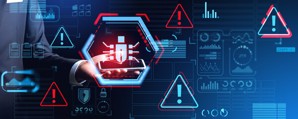 Poster - businessman showing phone with bug virus, indicators. ai generative illustration