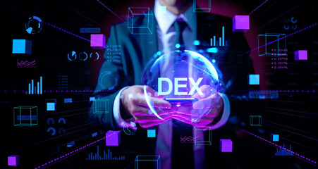 Poster - Businessman with phone, DEX and indicators. Ai generative illustration