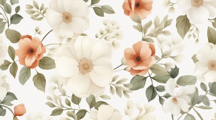 Wall Mural - Dainty Abstract flower Bright and cute colors pattern, simple, neutral flowers on white background Seamless pattern of elegant, dainty, neutral watercolor floral for fabric, home decor, and wrapping