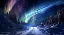 Northern Lights With Sky On Snowy Path, In The Style Of Video Glitches, Igor Zenin, Sky-blue And Brown, Made By Generatiive Ai