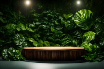 Poster - **wood product display podium with nature green leaves for presentation design-