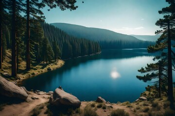  beautiful landscape view of pine forest tree and lake view of reservoir-