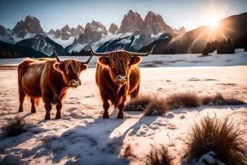 Canvas Print - beautiful horned highland cattle enjoying the sunrise on a frozen meadow  in the ltalian dolomites-