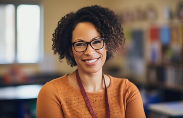 Portrait of black woman teacher with students learning in classroom. Education, scholarship and happy, proud and young female educator with children ready for studying or knowledge in middle school.