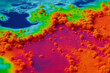Heatmap image using an infrared thermography camera showing spatial heat radiation and solar absorption in the coastal land with trees and inlet marshes. Aerial view of thermal scan imaging.