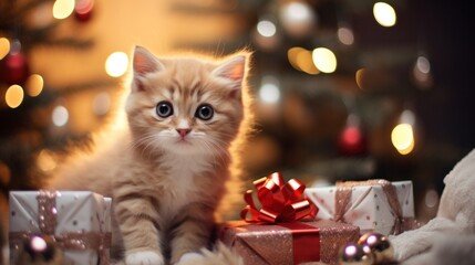 Wall Mural - A kitten sitting on top of a pile of presents