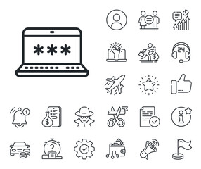 Aufkleber - Cyber defence sign. Salaryman, gender equality and alert bell outline icons. Laptop password line icon. Computer protection symbol. Laptop password line sign. Spy or profile placeholder icon. Vector