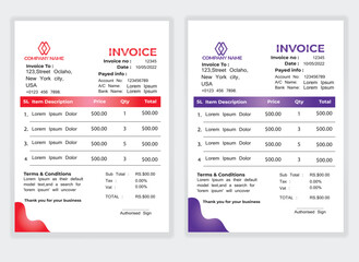  Business Minimal Corporate Invoice design template vector illustration bill form price . Creative template and stationery design payment agreement design template Cash Memo, Vector Quotation Design