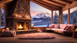 typical cozy interior of a winter mountain cabin with crackling fireplace and rustic furnishings