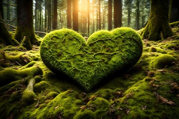 Canvas Print - **forest love background - wooden mossy heart on moss in the woods, illustrated by the sun (generative al )ai