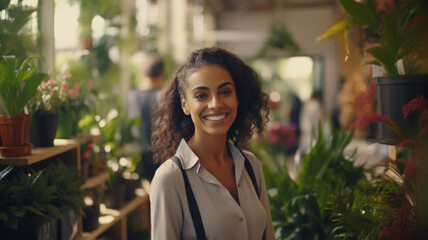 Portrait of a smiling woman  small business owner in her plant shop