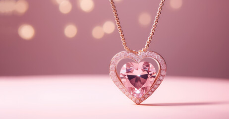 concept: holidays, valentine's day, march 8, love, banner. delicate pink and red jewelry pendant in the shape of a heart on a plain pink background