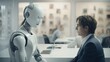 office worker, young man talking to a robot director at an interview for a company. concept: robotics, future, work, bosses, androids, intelligence