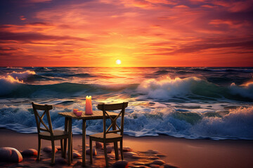 Wall Mural - sunset at the beach, sunset over the beach, sunset on the beach, Seascape view under sunset light with dining table with infinity pool around. Romantic tropical getaway for two, couple concept. Chairs